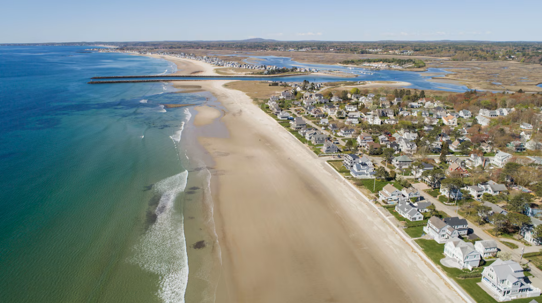 Aerial view of Drakes Island beach and the home's location at 130 Island Beach Road