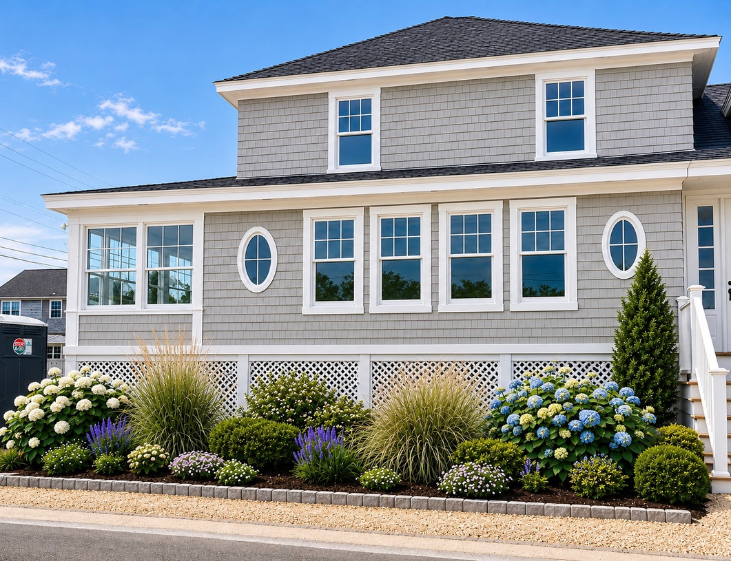 Front corner of the gray-shingled beach house with white trim and lush hydrangea gardens