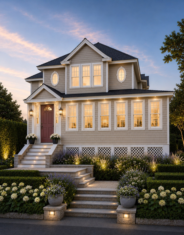 The Island Beach Road side of the house glowing warmly at dusk